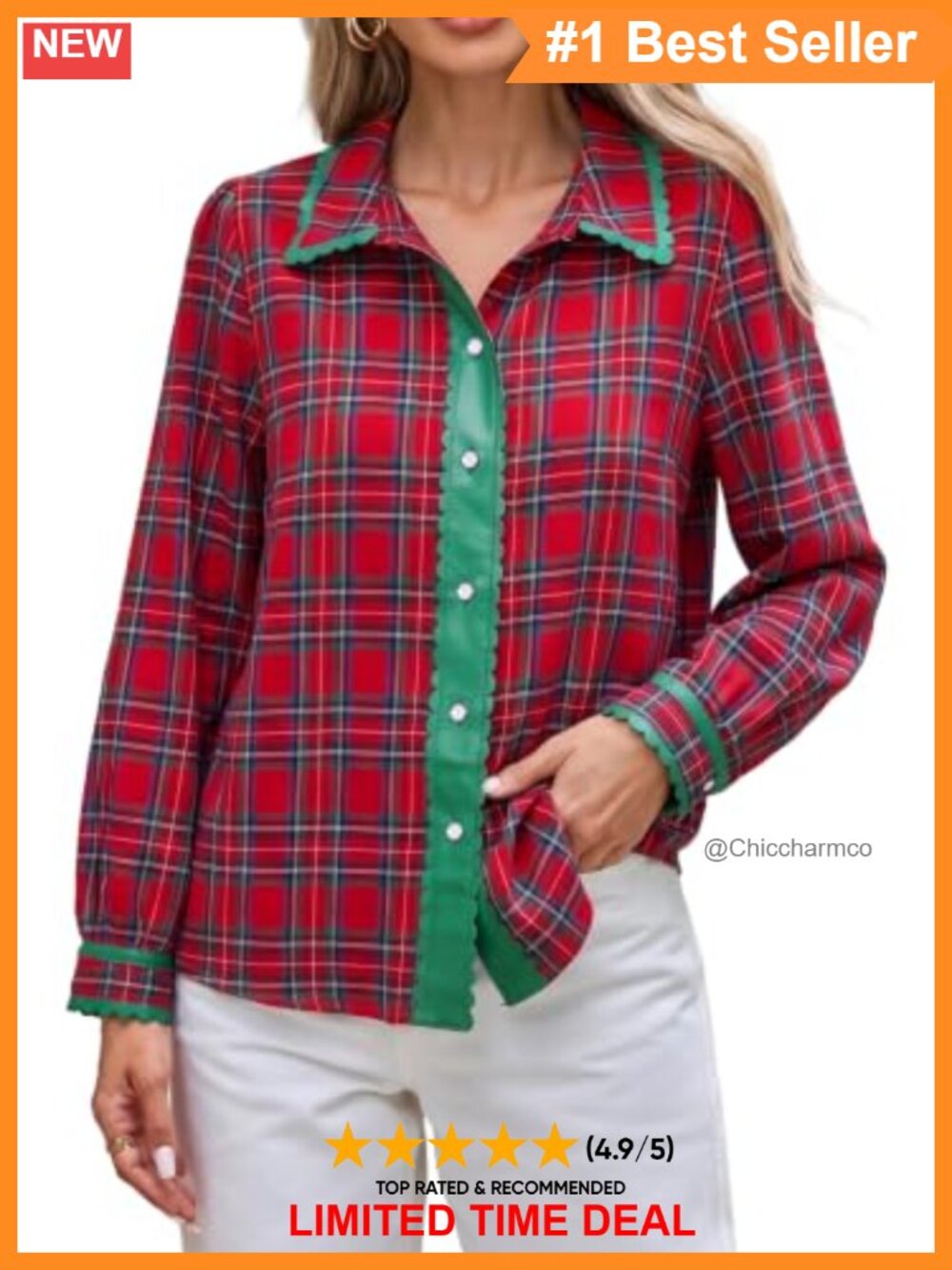 Womens 100% Cotton Plaid Tunic Blouse Faux Leather Trim Button Down Shirt